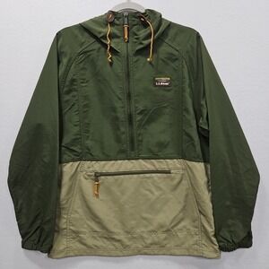 LL Bean Mountain‎ Anorak Windbreaker Small Nylon Hooded Jacket Olive Green Khaki